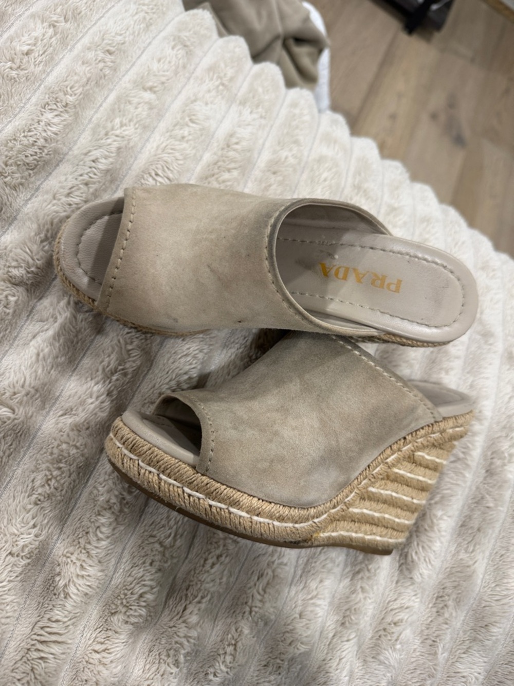 Prada Taupe Suede Espadrille Wedge Slide Sandals